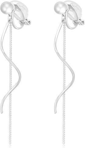 Clip on Earrings for Women 14K Gold Plated Long Dangle White Pearl Earrings Simple No Piercing Hoop Stud Earrings Lightweight Curve Tassel Chain Ear Clips Minimalist Jewelry Wedding Christmas Gift in Kuwait