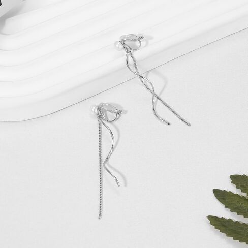 Clip on Earrings for Women 14K Gold Plated Long Dangle White Pearl Earrings Simple No Piercing Hoop Stud Earrings Lightweight Curve Tassel Chain Ear Clips Minimalist Jewelry Wedding Christmas Gift in Kuwait