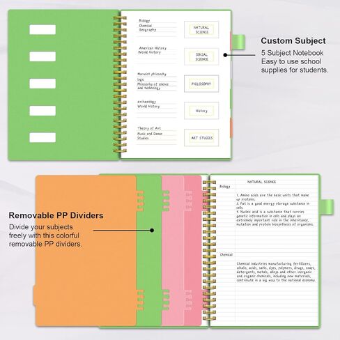دفتر ملاحظات حلزوني من Alltree 5 موضوعات، دفتر ملاحظات مسطر بالكلية مع علامات تبويب فهرس، مجلة اللوازم المكتبية مع 200 صفحة، فواصل ملونة ومسطرة للطالبات، المعلم، برتقالي، 7 بوصة × 10 بوصة in Kuwait