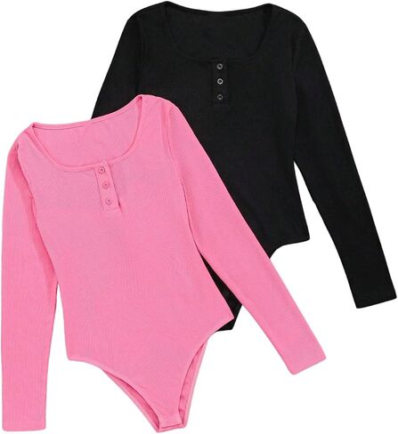 Milumia Girl's 2 Piece Ribbed Long Sleeve Button Scoop Neck Leotard Bodysuit T-shirts Set in Saudi Arabia