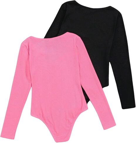 Milumia Girl's 2 Piece Ribbed Long Sleeve Button Scoop Neck Leotard Bodysuit T-shirts Set in Saudi Arabia