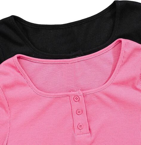 Milumia Girl's 2 Piece Ribbed Long Sleeve Button Scoop Neck Leotard Bodysuit T-shirts Set in Saudi Arabia