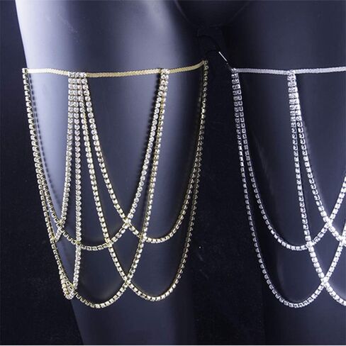 Bohemian Rhinestone Multi Layers Leg Thigh Chain Shiny Tennis Chain Summer Beach Bikini Body Chain Crystal Sexy Body Jewelry for Women and Girls (Silver) in Kuwait