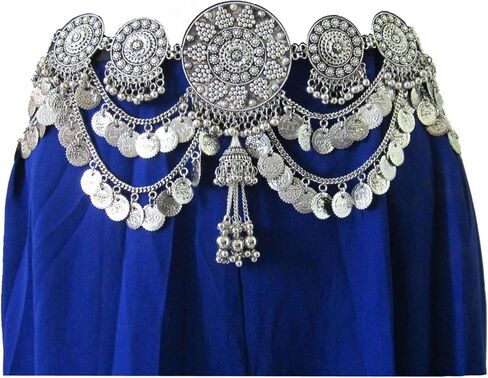 عرض سدادة القبلية فيوجن الرقص الشرقي عملة شرابة هامش الحزام | سلسلة معدنية مصنوعة يدويًا من الفضة ميداليات كونشو منحوتة | مجوهرات الغجر بوهو خمر البوهيمي in Kuwait