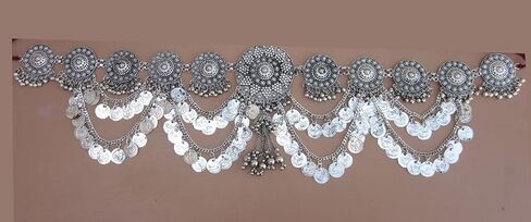 عرض سدادة القبلية فيوجن الرقص الشرقي عملة شرابة هامش الحزام | سلسلة معدنية مصنوعة يدويًا من الفضة ميداليات كونشو منحوتة | مجوهرات الغجر بوهو خمر البوهيمي in Kuwait