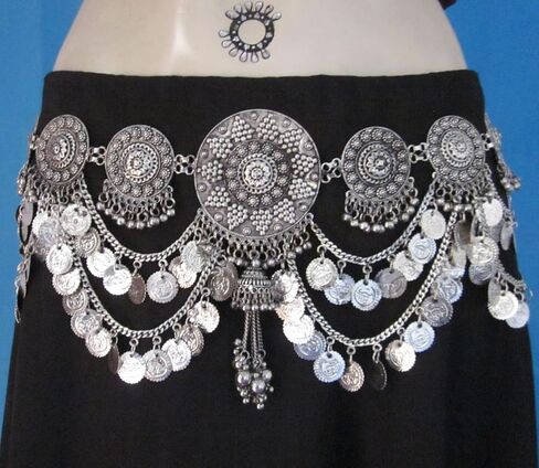 عرض سدادة القبلية فيوجن الرقص الشرقي عملة شرابة هامش الحزام | سلسلة معدنية مصنوعة يدويًا من الفضة ميداليات كونشو منحوتة | مجوهرات الغجر بوهو خمر البوهيمي in Kuwait