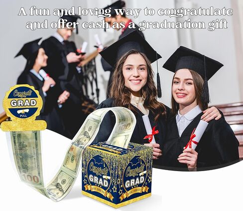 صندوق نقود كهدية تخرج نقدية، صندوق سحب أموال تخرج سعيد باللونين الأزرق والذهبي مع بطاقة سحب و50 كيسًا شفافًا، هدية مفاجأة تخرج 2024، أفكار هدايا نقود لحفلات التخرج in Kuwait