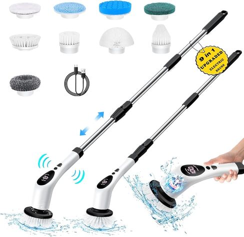 Electric Spin Scrubber, New Upgraded Voice Prompt Cordless Cleaning Brush with 9 Replaceable Brush Heads,3 Adjustable Speeds,Adjustable Extension Long Handle for Bathroom Bathtub Floor Tile in Saudi Arabia