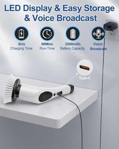 Electric Spin Scrubber, New Upgraded Voice Prompt Cordless Cleaning Brush with 9 Replaceable Brush Heads,3 Adjustable Speeds,Adjustable Extension Long Handle for Bathroom Bathtub Floor Tile in Saudi Arabia