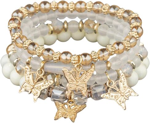 4Pcs Set Bohemian Butterfly Crystal Stone Stretch Pendant Bracelets for Women Girls Gold Beaded Stackable Stretch Bracelet Colorful Charm Jewelry Boho Summer Beach in Saudi Arabia