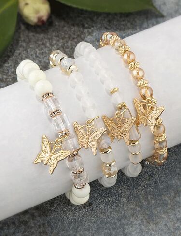 4Pcs Set Bohemian Butterfly Crystal Stone Stretch Pendant Bracelets for Women Girls Gold Beaded Stackable Stretch Bracelet Colorful Charm Jewelry Boho Summer Beach in Saudi Arabia