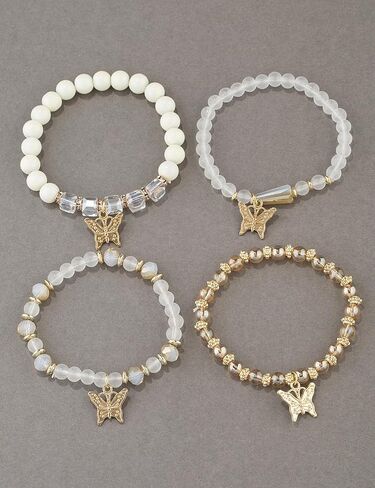 4Pcs Set Bohemian Butterfly Crystal Stone Stretch Pendant Bracelets for Women Girls Gold Beaded Stackable Stretch Bracelet Colorful Charm Jewelry Boho Summer Beach in Saudi Arabia