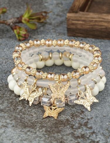 4Pcs Set Bohemian Butterfly Crystal Stone Stretch Pendant Bracelets for Women Girls Gold Beaded Stackable Stretch Bracelet Colorful Charm Jewelry Boho Summer Beach in Saudi Arabia