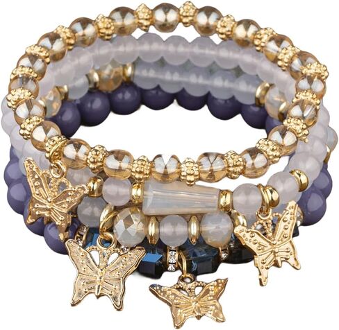 4Pcs Set Bohemian Butterfly Crystal Stone Stretch Pendant Bracelets for Women Girls Gold Beaded Stackable Stretch Bracelet Colorful Charm Jewelry Boho Summer Beach in Saudi Arabia