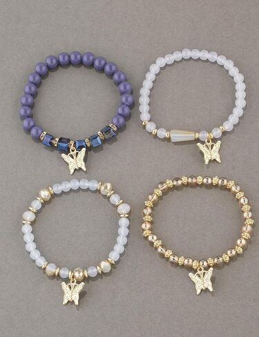 4Pcs Set Bohemian Butterfly Crystal Stone Stretch Pendant Bracelets for Women Girls Gold Beaded Stackable Stretch Bracelet Colorful Charm Jewelry Boho Summer Beach in Saudi Arabia