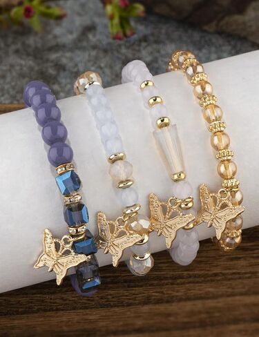 4Pcs Set Bohemian Butterfly Crystal Stone Stretch Pendant Bracelets for Women Girls Gold Beaded Stackable Stretch Bracelet Colorful Charm Jewelry Boho Summer Beach in Saudi Arabia