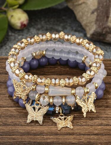 4Pcs Set Bohemian Butterfly Crystal Stone Stretch Pendant Bracelets for Women Girls Gold Beaded Stackable Stretch Bracelet Colorful Charm Jewelry Boho Summer Beach in Saudi Arabia