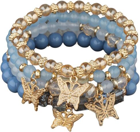 4Pcs Set Bohemian Butterfly Crystal Stone Stretch Pendant Bracelets for Women Girls Gold Beaded Stackable Stretch Bracelet Colorful Charm Jewelry Boho Summer Beach in Saudi Arabia
