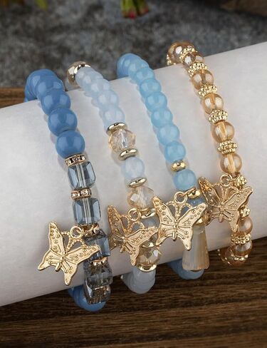 4Pcs Set Bohemian Butterfly Crystal Stone Stretch Pendant Bracelets for Women Girls Gold Beaded Stackable Stretch Bracelet Colorful Charm Jewelry Boho Summer Beach in Saudi Arabia
