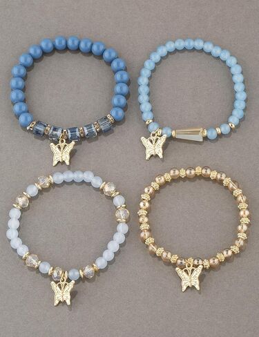 4Pcs Set Bohemian Butterfly Crystal Stone Stretch Pendant Bracelets for Women Girls Gold Beaded Stackable Stretch Bracelet Colorful Charm Jewelry Boho Summer Beach in Saudi Arabia