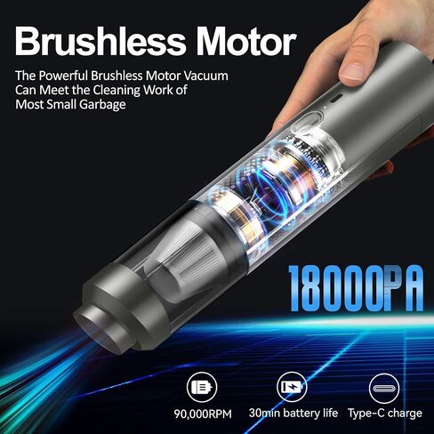 Car Vacuum Cordless Portable: 18000Pa 3 in 1 Brushless Motor Handheld Vacuum Cleaner High Power with Strong Suction Low Noise Lightweight Type-C Vacuum for Car Home Pet Office Cleaning (Black) in Saudi Arabia