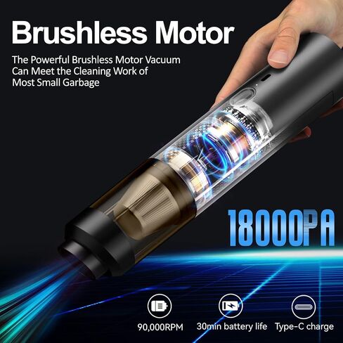 Car Vacuum Cordless Portable: 18000Pa 3 in 1 Brushless Motor Handheld Vacuum Cleaner High Power with Strong Suction Low Noise Lightweight Type-C Vacuum for Car Home Pet Office Cleaning (Black) in Saudi Arabia