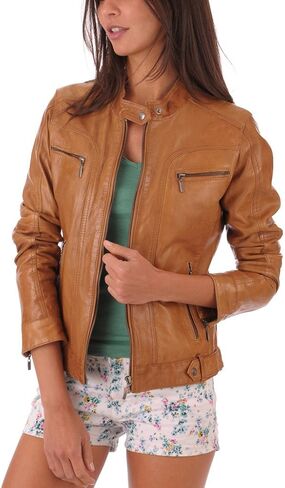 Womens Chunky Browny Lambskin Genuine Leather Jacket, Biker Jacket in Saudi Arabia
