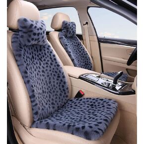 Fluffy Leopard Faux Rabbit Fur Seat Covers for Cars - Universal Fit, Full Set -Red Leopard, Front