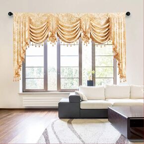 ELKCA Golden Floral Jacquard Swag Waterfall Valance for Living Room Floral Curtain Valance for Bedroom,Rod Pocket,W138 Inch,1 Panel