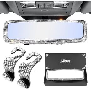 Bling Rear View Mirror Accessories with 2 PCS Bling Car Seat Hooks for Headrest, Universal Bling Rear View Mirror Cover Pink Diamond Rear View Mirror for Women ＆ Girls
