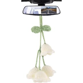 Cute Crochet Car Accessories,Bell Flower Car Mirror Hanging accessories,Knitted Flower Pendant,Knitted Flower Car Interior for Women,Hung on Bag,Backpack,Mobile Phone, Key(Blue)