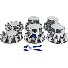 33mm Axle Cover Chrome ABS Flat Top Hub Cover Kit with 33mm Thread-on Lug Nut Covers 2 Front and 4 Rear Axle Wheel Covers and Removable Center Caps for Semi Trucks, Trailer (2 Front and 4 Rear)