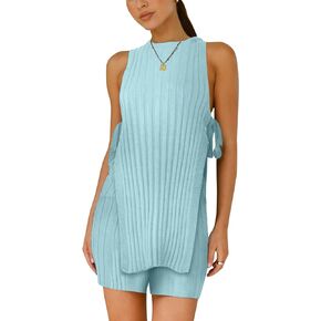 Womens Summer Sweater Set Sleeveless Knit tie straps Top Matching Shorts 2 Piece Beach Vacation Outfits
