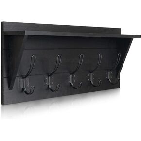 Wall Mounted Coat Rack Shelf, Rustic Wooden Country Style 24" Entryway Shelf with 5 Rustic Hooks Featuring Solid Pine Wood. Perfect Touch for Your Entryway, Mudroom, Kitchen, Bathroom and More, Black