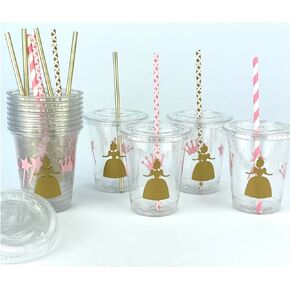 Pink & Gold Princess Disposable Plastic Cups, Lids, Paper Straws, Once Upon a Time Birthday Party Supplies, Set of 12