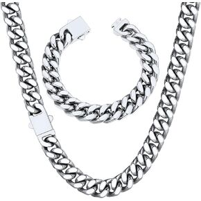 ChainsHouse 12mm 22" Cuban Chain Necklace Men Bracelet 21cm