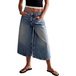 Wide Leg Cropped Jeans for Women Low Rise Baggy Capris Jean Summer Straight Leg Loose Denim Pants