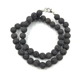 Handmade Stretchable Black Rock Lava Gemstone Necklace 8mm Round Beaded Semi precious Stone Jewelry Unique Style For Women & Girls Birthday Anniversary Gift For Her (18 Inches)