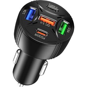 Tomorotec 65W Total, 5-Port USB C Car Charger Adapter Fit for iPhone, Samsung Galaxy, iPad, MacBook, Dash Cam - Multi-Port USB A/C with PD 30W QC 3.0 Fast Charging Compatible with Smartphone, Tablets
