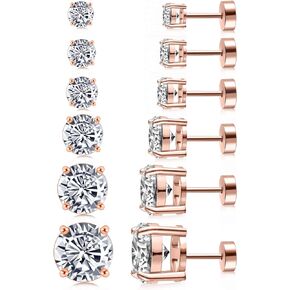 6 Pairs Stud Earrings for Women, Surgical Steel Earrings Set Lightweight and Trendy 316L CZ Cartilage Earlobes Hypoallergenic(Rose Gold)