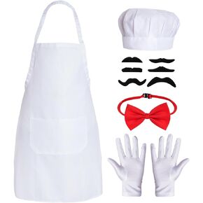 10Pcs White Apron Halloween Chef Costumes for Men Women Adult Swedish Chef Costume Chef Apron Hat Set Baker Costume Chef Cosplay Props Include White Chef Hat Apron Bow Tie Gloves Adhesive Fake Beard
