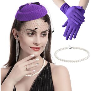 3PCS Fascinators Hats with Veil for Women 20s 50s Vintage Tea Party Pillbox Hat with Gloves and Pearl Necklace