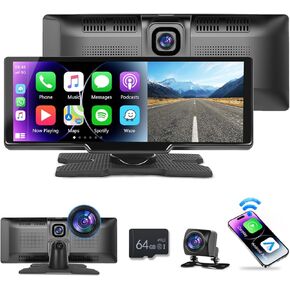 9.3'' Wireless Apple CarPlay Screen with HD Front and Rear Backup Camera,Podofo Portable Android Auto Touch Screen Dual Bluetooth Radio with Airplay GPS Siri 64G TF Card,Car Play Screen for Car