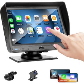 EVERSECU 7 Inch Touch Screen Car Stereo & Backup Camera, Apple Carplay Android Auto, Portable Car Radio with Bluetooth Hands-Free/Mirror Link/Maps Navigation/Voice Control/AUX, for Car, Truck, SUV