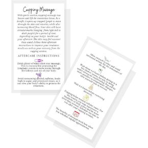 Cupping Massage Therapy Aftercare Cards | 50 Pack | Size 2x3.5" inch Business Card | White with Rainbow Color Icons Design