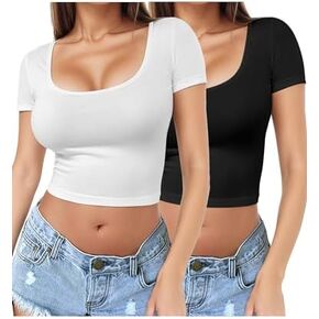 2 Piece Women's Square Neck Short Sleeve Crop Top Y2K Shirt Slim Fitted Casual Base Layer Workout Shirt Going Out Tops