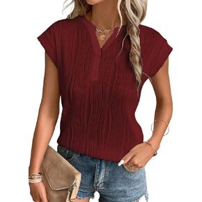 EVALESS Womens Summer Short Sleeve Textured Tops Trendy V Neck Cap Sleeve Solid Loose Dressy Casual Basic T Shirts Blouses
