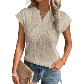 EVALESS Womens Summer Short Sleeve Textured Tops Trendy V Neck Cap Sleeve Solid Loose Dressy Casual Basic T Shirts Blouses