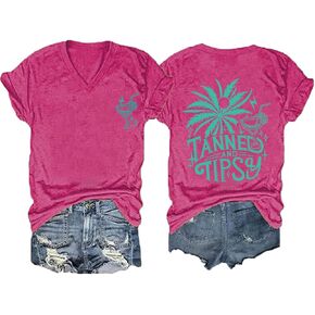 Tanned and Tipsy Beach Summer Tops Coconut Tree Vacation Tops for Women V Neck T Shirts Women