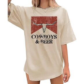 Women Oversized Cowboy and Beer T-Shirt Vintage Cow Skull Western Rodeo Shirt Country Music Concert Cowgirl Tee Tops